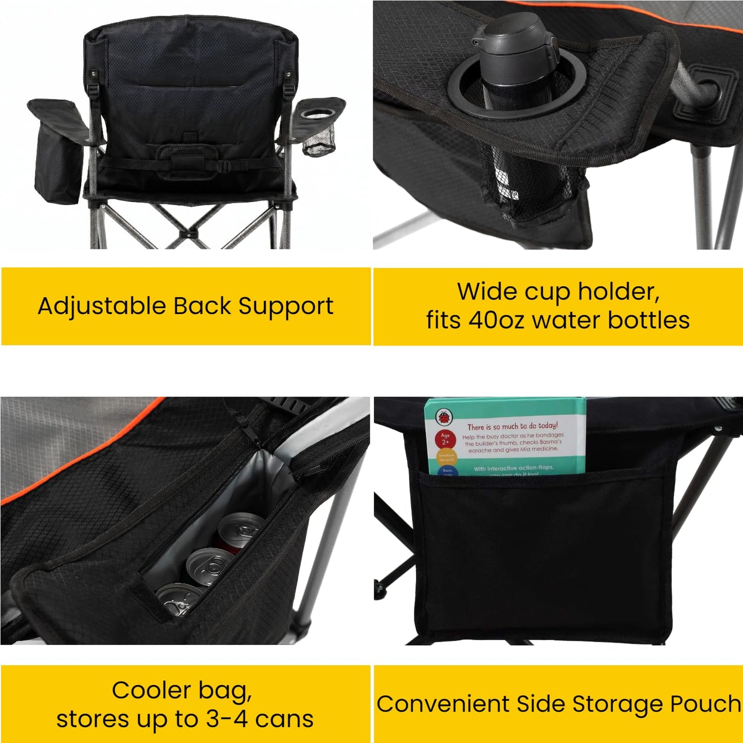 FAIR WIND Padded Camping Chair 500LBS Capacity Heavy Duty Oversized Folding Chair for Heavy People Portable Lawn Chair with Adjustable Lumbar Support, Cooler Bag & Cup Holder for Outdoor, Beach