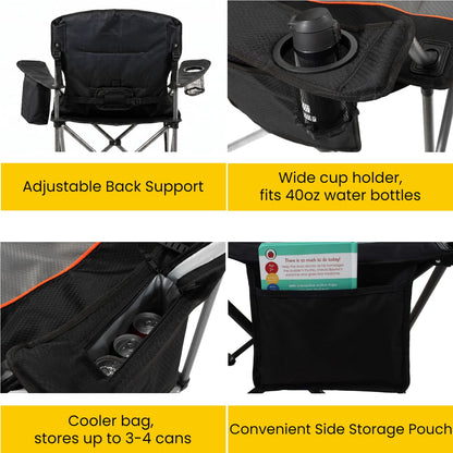 FAIR WIND Padded Camping Chair 500LBS Capacity Heavy Duty Oversized Folding Chair for Heavy People Portable Lawn Chair with Adjustable Lumbar Support, Cooler Bag & Cup Holder for Outdoor, Beach