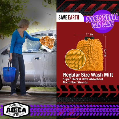 AIDEA Auto Waschhandschuh Mikrofaser, 2er Pack Kratzfrei Fusselfrei, Premium Chenille Mikrofaser Waschhandschuh Auto Waschbürste, Grün, Reguläre Größe 18,08 cm x 25,76 cm