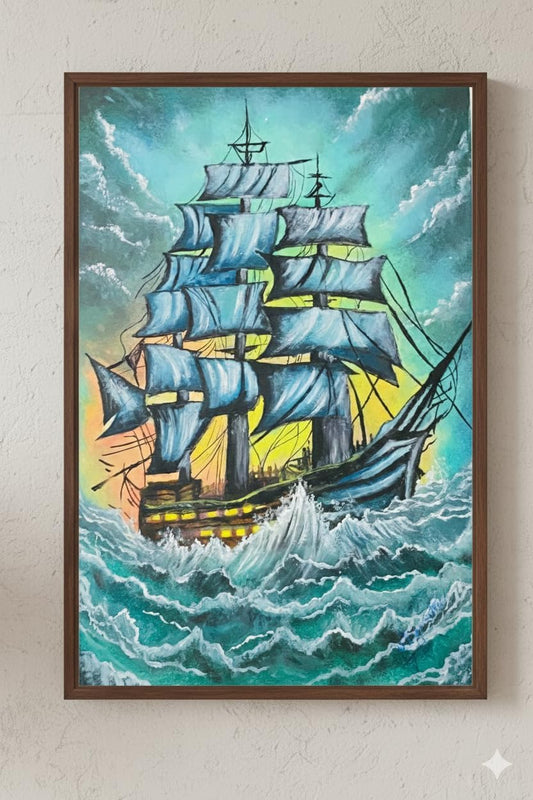 Elitora Mart – 100% Handmade Oil Painting of Giant Ship in Stormy Waves | 27×34 cm Canvas Art | Nautical Wall Decor | Ocean Storm Artwork | Original Painting by Zain Malik