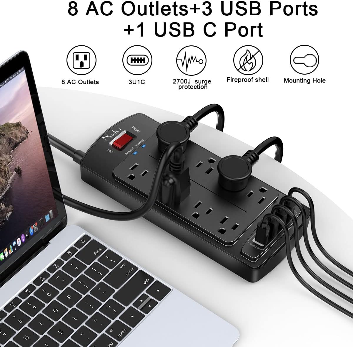 Surge Protector Power Strip - Nuetsa Flat Plug Extension Cord