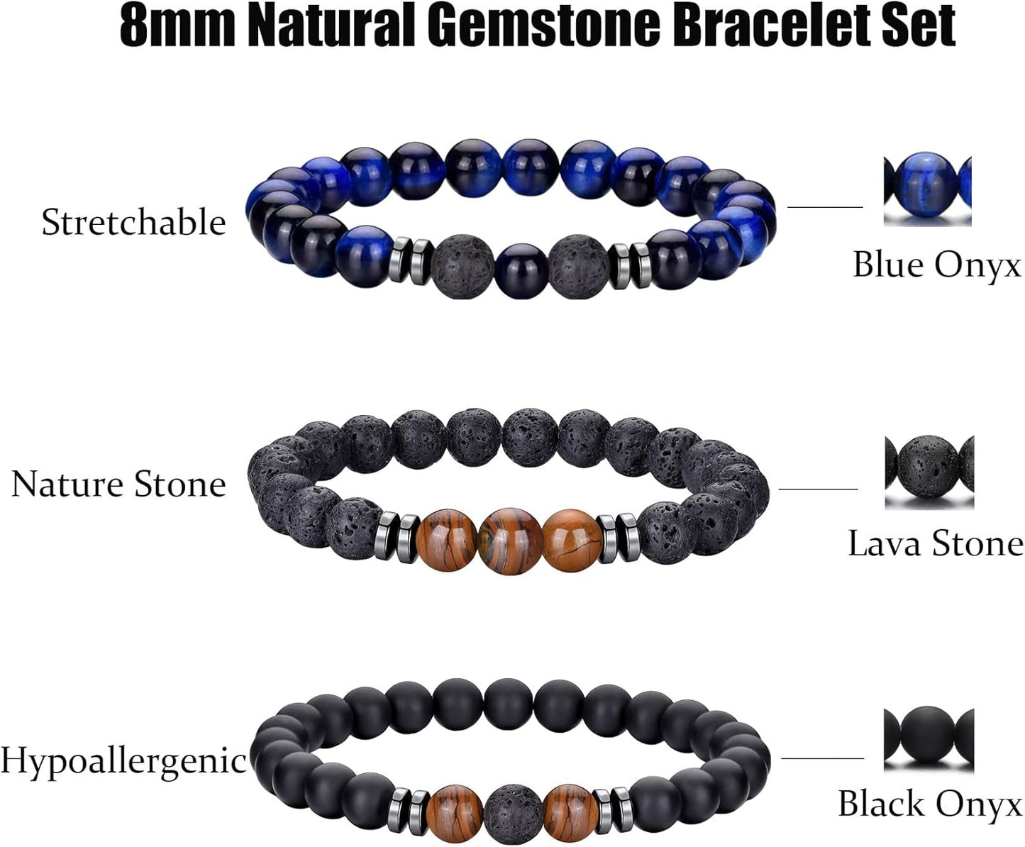 Tigerauge Armband für Herren 8MM Natursteinperlen Armband Set Stretch Lava Stein Armbänder Verstellbares Schwarzes Kristallperlenarmband für Herren Damen Geschenke