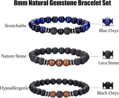 Tigerauge Armband für Herren 8MM Natursteinperlen Armband Set Stretch Lava Stein Armbänder Verstellbares Schwarzes Kristallperlenarmband für Herren Damen Geschenke