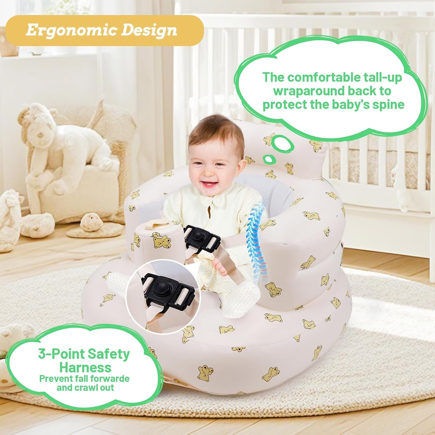 Aufblasbarer Babysitz, aufblasbarer Babystuhl für Babys ab 3 Monaten, aufblasbarer Sommerstuhl mit integrierter Luftpumpe, Baby-Bodensitz zum Sitzenlernen, Spielen, Campen, Orange