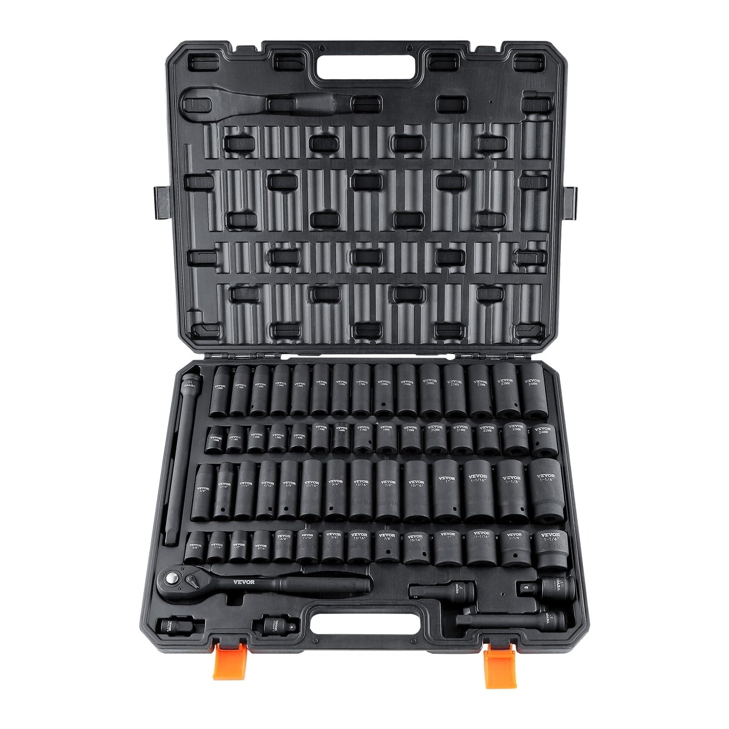VEVOR 91-Piece 1/2" Drive Impact Socket Set, SAE (5/16" to 1-1/4") & Metric (8 to 32 mm), CR-V, Deep & Shallow, 6 Point, Ratchet Handle, Universal Joint, Adapters, Extension Bars (3, 5, 10 in)