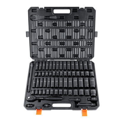VEVOR 91-Piece 1/2" Drive Impact Socket Set, SAE (5/16" to 1-1/4") & Metric (8 to 32 mm), CR-V, Deep & Shallow, 6 Point, Ratchet Handle, Universal Joint, Adapters, Extension Bars (3, 5, 10 in)