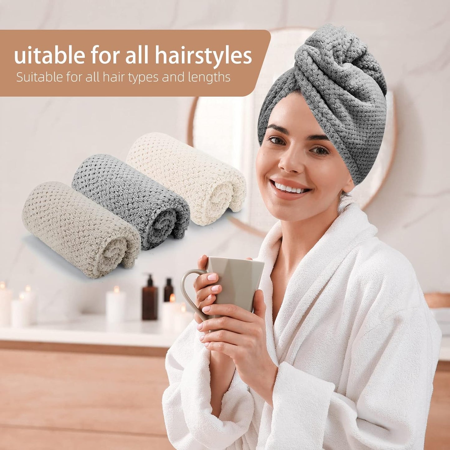 3er-Pack Mikrofaser-Haartuch, Haarturbane für nasse Haare, schnell trocknend, Anti-Frizz-Handtuchwickel für lockiges Haar (Beige, Khaki, Grau)