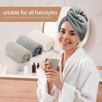 3er-Pack Mikrofaser-Haartuch, Haarturbane für nasse Haare, schnell trocknend, Anti-Frizz-Handtuchwickel für lockiges Haar (Beige, Khaki, Grau)