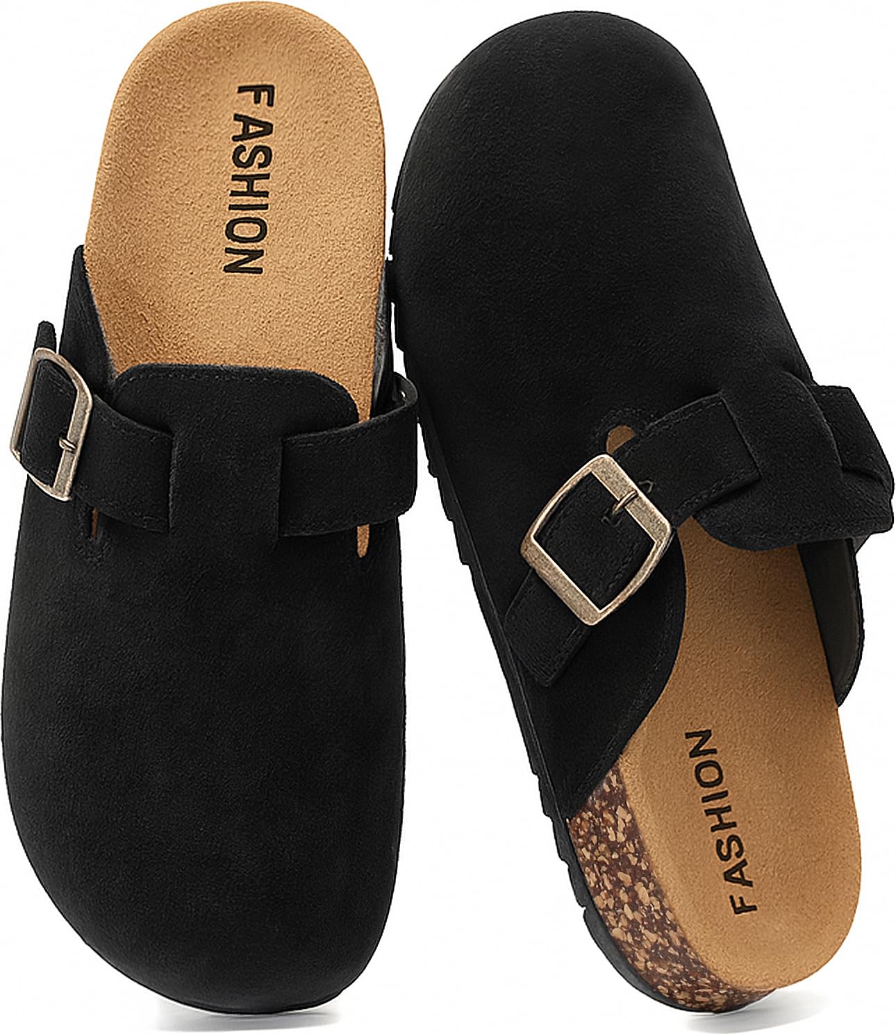 YorFotMae Women's Suede Clogs Mens Leather Mules Comfort Cork Footbed Antislip House Sandals Arch Support Potato Shoes with Adjustable Buckle