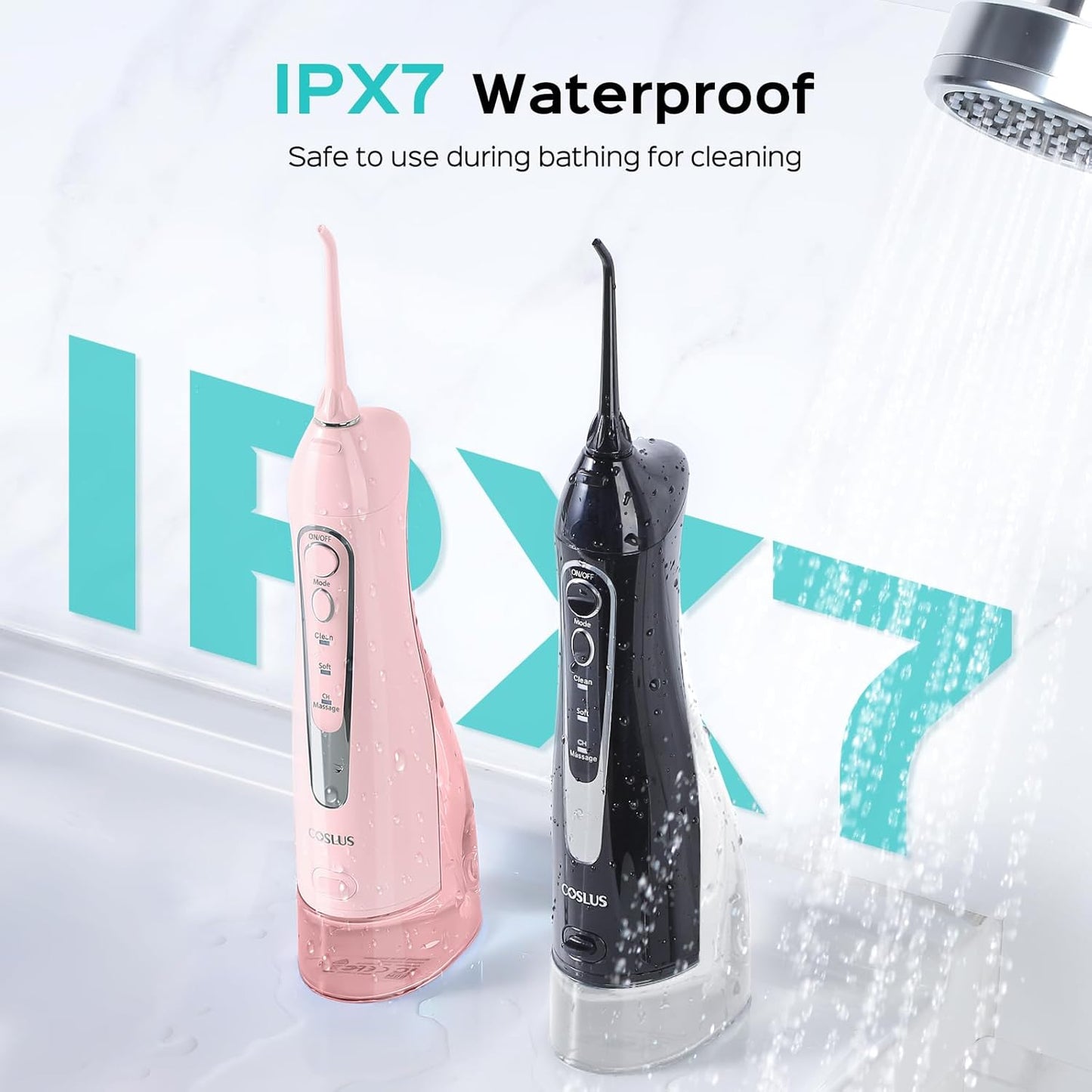 COSLUS Water Flosser C20 (F5020E): 300ML Kabelloser Elektrischer Munddusche Wiederaufladbar IPX7 Wasserdicht Tragbares Reise-Zahnseide-Set für die Zähne