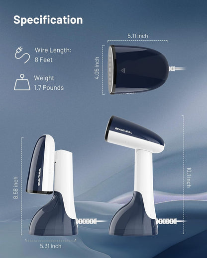 BEAUTURAL 1200-Watt Handheld-Dampfglätter für Kleidung, 30 Sekunden Aufheizzeit, 260 ml Wassertank, Aqua