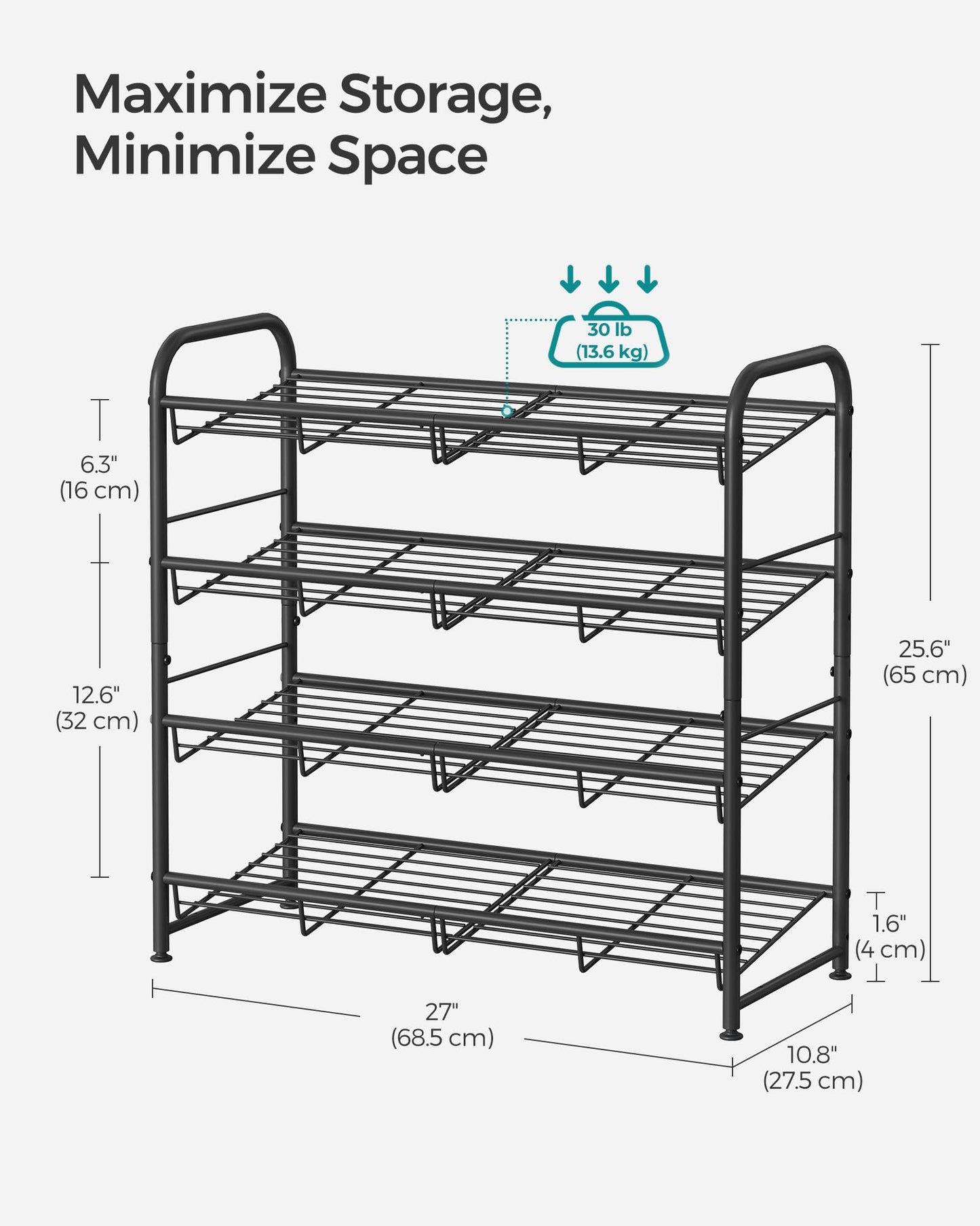 SONGMICS Stackable Shoe Rack, 4 Tier Metal Shoes Rack Storage Shelf, Holds up to 16 Pairs Shoes, Adjustable Slanted Shelves Tower Organizer for Closet Entryway Small Spaces, Bronze