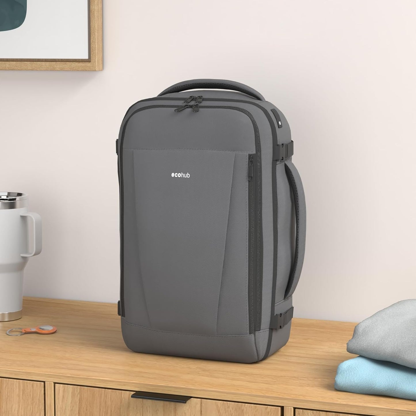 ECOHUB 16'' Reise-Rucksack Handgepäck Unterseat-Rucksack Persönlicher Gegenstand Flugzeug-Reisetasche mit 13 Taschen Handgepäck Flaschenhalter USB-Ladeanschluss Casual Daypack für Frauen Männer Schwarz