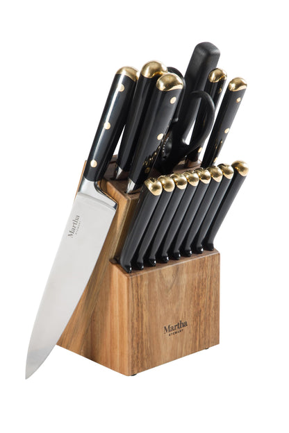 Martha Stewart Knife Block Set 16-Piece - Lockton High Carbon Stainless Steel Forged Full Tang Chef Knives, Acacia Wood Block, Triple Riveted Handles, Linen White & Gold