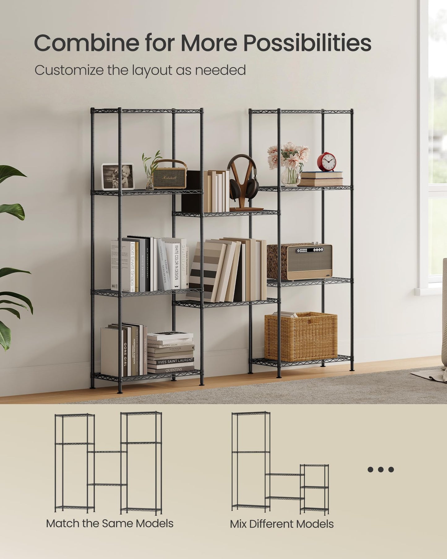 SONGMICS Storage Shelf, Small Metal Wire Shelving Unit, Adjustable Shelves, for Small Spaces, Garage, Bedroom, Living Room, Kitchen, Pantry, 5 Tier, 11.8 x 11.8 x 47.6 Inches, Ink Black ULGR123BH01