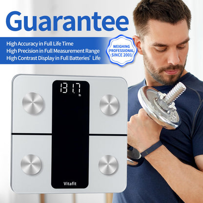 Vitafit Smart-Körperwaage, hohe Genauigkeit 0,05 kg, von unserer professionellen Fabrik seit 2001, App-Synchronisierung von 13 Körperzusammensetzungen wie BMI, Körperfett und Muskelmasse, 180 kg, LED, Schwarz