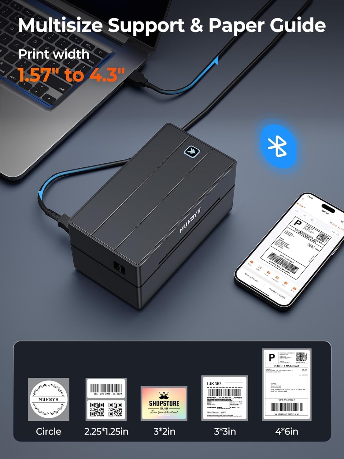 MUNBYN Bluetooth Thermodrucker für Versandetiketten, 130B Kabelloser 4x6 Etikettendrucker für kleine Unternehmen und Büros, kompatibel mit iPhone, Android, iPad, Windows, macOS, Canada Post, UPS, Purolator (Weiß)
