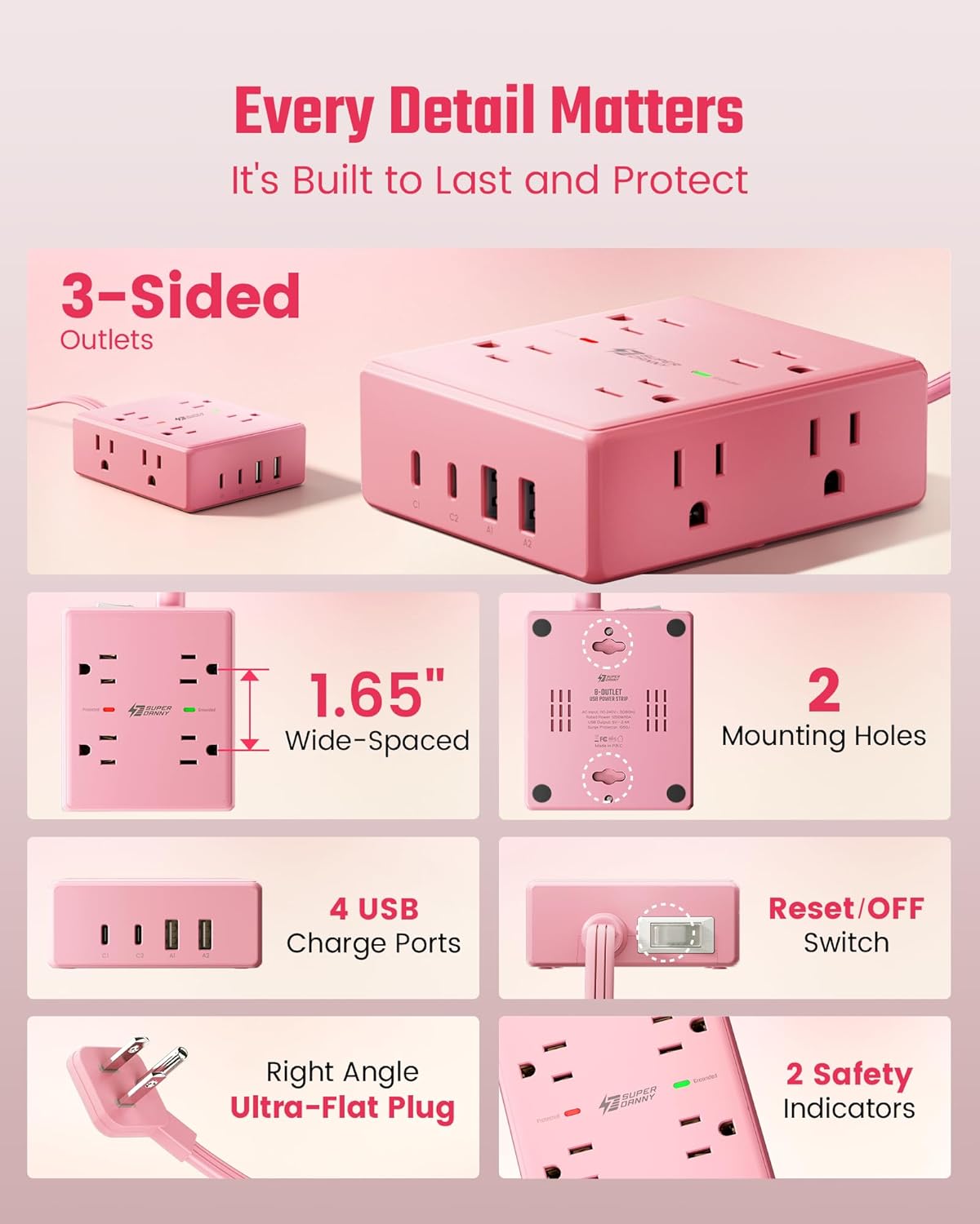 Surge Protector Power Bar, SUPERDANNY 6 Ft Extension Cord with 8 Outlets & 4USB Ports (2 USB 2 C), Mountable Flat Plug Power Strip, Surge Protection for Home, Office, Dorm