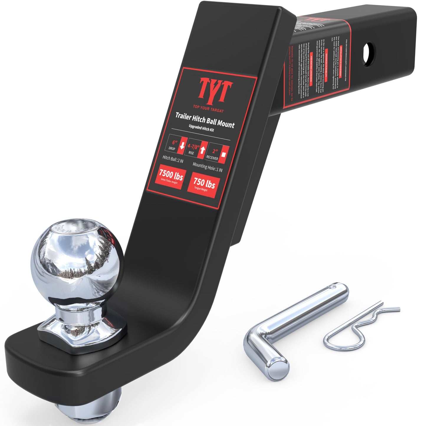 TYT Adjustable Truck Trailer Hitch for 2 inch Receiver, 6" Drop/Rise Tow Hitch with Dual Balls (2" & 2-5/16"), Compatible with Heavy-Duty Trailer Systems up to 20,000 lbs, Includes Hitch Tightener