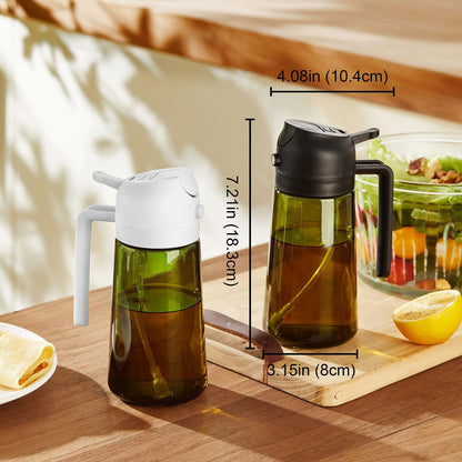TrendPlain Botella dispensadora de aceite de oliva de 470 ml para utensilios de cocina - Dispensador y pulverizador 2 en 1 - Pulverizador de aceite de oliva con pegatinas (bloqueo de luz) - Sin BPA - Negro