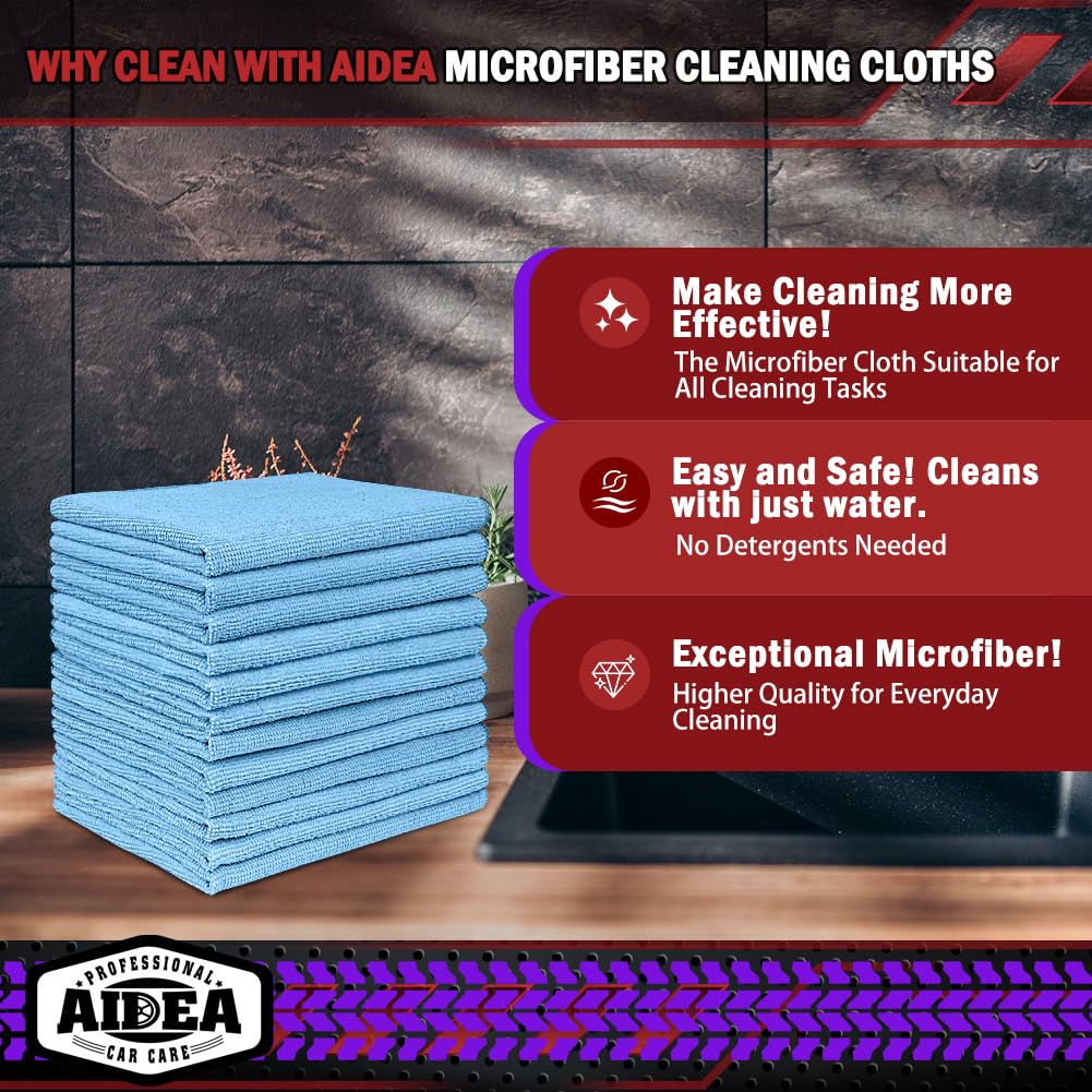 AIDEA Microfiber Cleaning Cloths-50PK, Microfiber Towels for Cars, Premium All-Purpose Car Cloth, Dusting Cleaning Rags, Absorbent Towels for SUVs, House, Kitchen, Window, Gift-12×12"