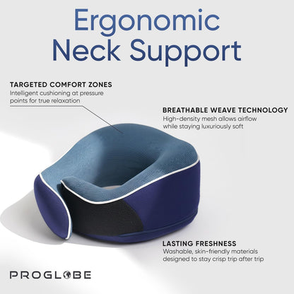 Proglobe Orthopädisches Nackenkissen Reise-Nackenkissen für Flugzeuge, Memory Foam Kit, aktualisiertes Ruhematerial, Flugreise-Set mit 3D-konturierter Augenmaske, Ohrstöpseln und luxuriösem Netzbeutel (Grau)