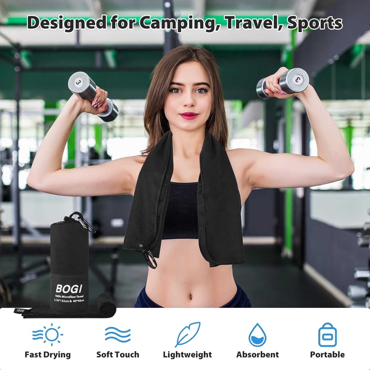 BOGI Mikrofaser Reise-Sporthandtuch – Schnelltrocknendes Handtuch, weiches, leichtes Mikrofaser Campinghandtuch, saugfähiges, kompaktes Reisehandtuch für Camping, Fitnessstudio, Strand, Bad, Yoga, Schwimmen, Rucksacktouren (M:40''x20''-Dunkelblau)