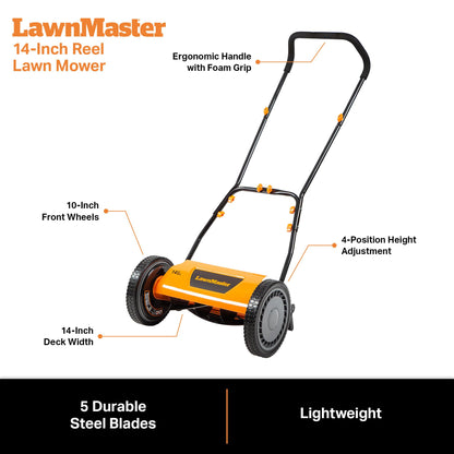LawnMaster LMRM1602 Push Reel Lawn Mower 16-Inch 5-Blade