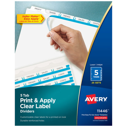 Avery 5 Tab Dividers for 3 Ring Binder, Easy Print & Apply Clear Label Strip, Index Maker Customizable White Tabs, 50 Sets (11556)
