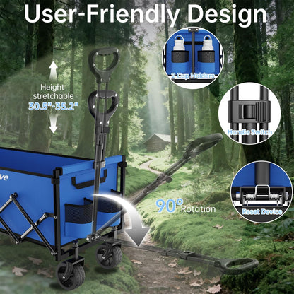 Extra Long Collapsible Wagon Cart, 480LBS Heavy Duty Utility Wagons with All-Terrain Wheels, Foldable Grocery Carts for Gardening, Shopping, Beach, Camping, Black