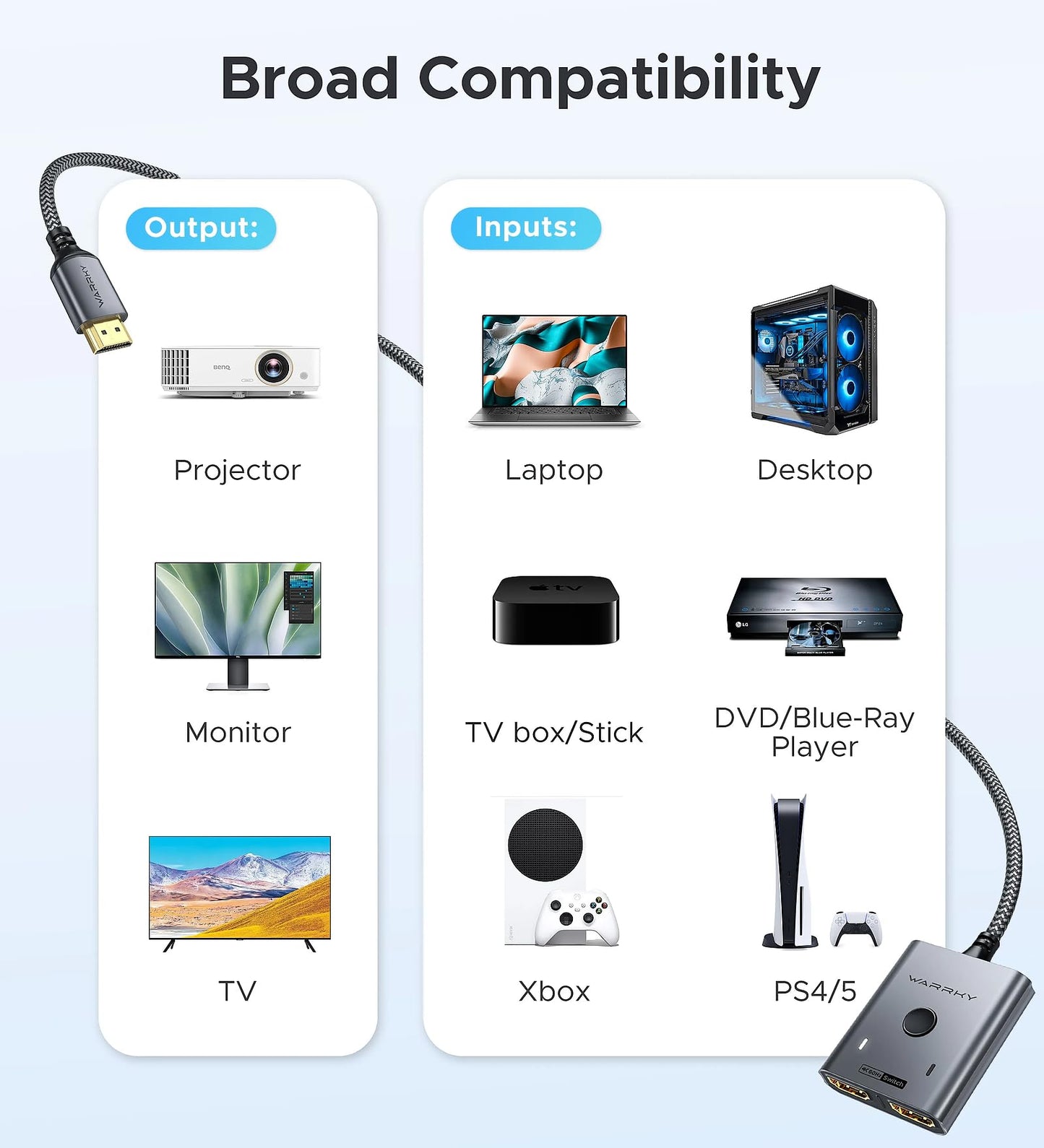 HDMI-Umschalter 2 Eingänge 1 Ausgang 4K@60Hz, WARRKY [mit 1m festem geflochtenen HDMI-Kabel, Aluminiumgehäuse, 2K@144Hz, HDCP 2.2] Bidirektionaler 2x1 Switcher Splitter kompatibel mit PS5/4, Xbox, Roku, FireStick, Switch