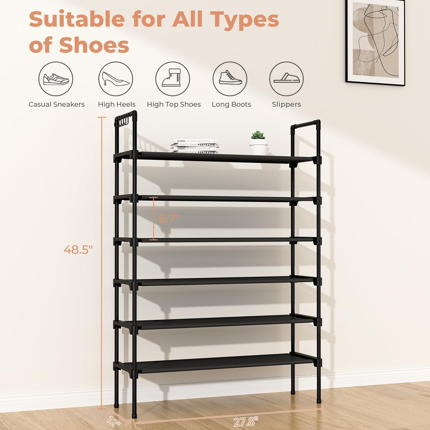 LANTEFUL 3 Tier Shoe Rack for Closet, Shoe Organizer with 5 Hooks, Long Shoe Shelf Storage for Sneaker and Boot Stackable Free Standing Shoe Rack for Entryway, Garage, Small Spaces, Dorm