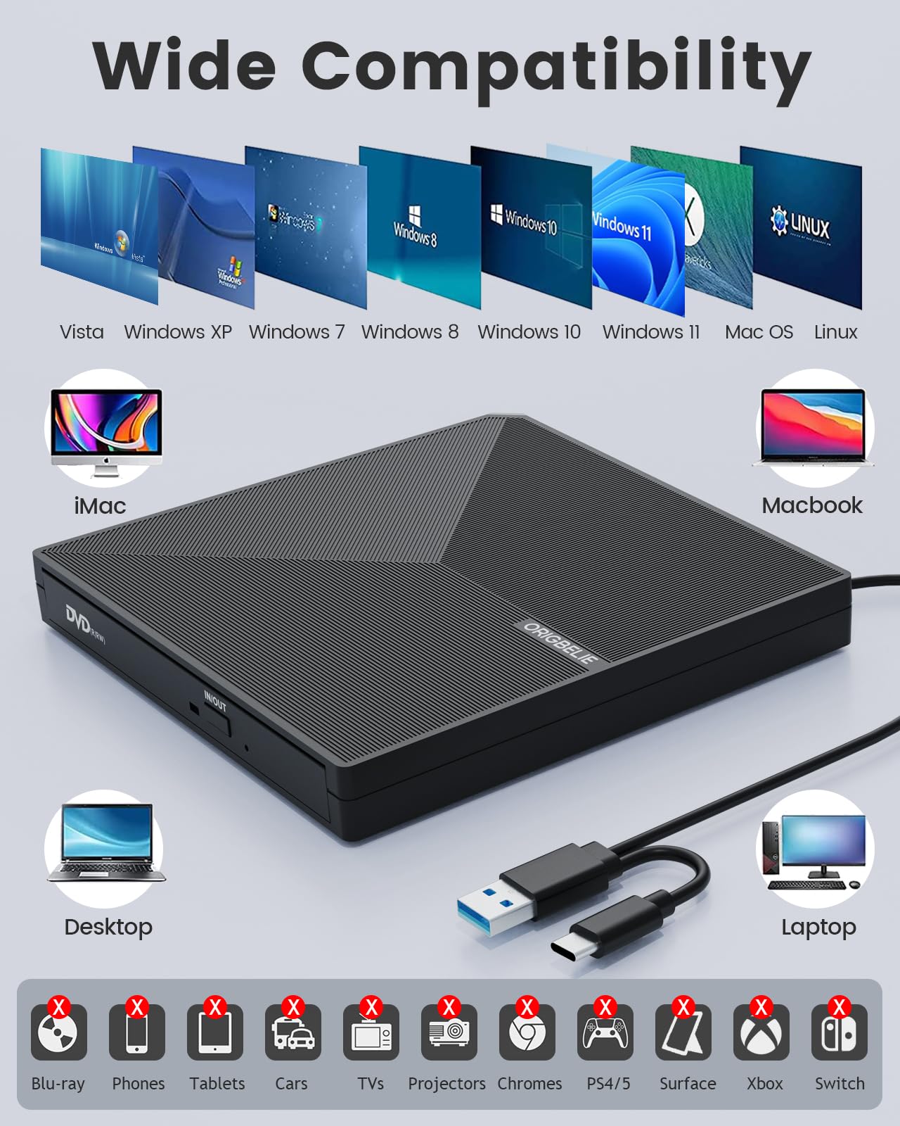 ORIGBELIE externes DVD-Laufwerk, CD-Laufwerk USB 3.0 Typ-C CD/DVD ROM +/-RW Adapter mit USB-Anschluss DVD-Brenner für Laptop, PC, Desktop-Computer, optisches Laufwerk CD-Player kompatibel mit Mac Windows Linux