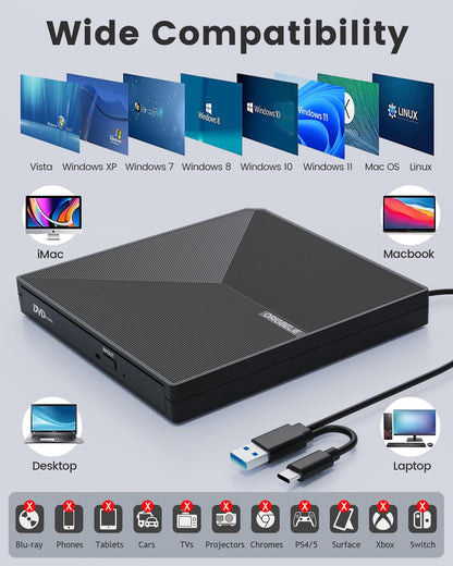 ORIGBELIE externes DVD-Laufwerk, CD-Laufwerk USB 3.0 Typ-C CD/DVD ROM +/-RW Adapter mit USB-Anschluss DVD-Brenner für Laptop, PC, Desktop-Computer, optisches Laufwerk CD-Player kompatibel mit Mac Windows Linux