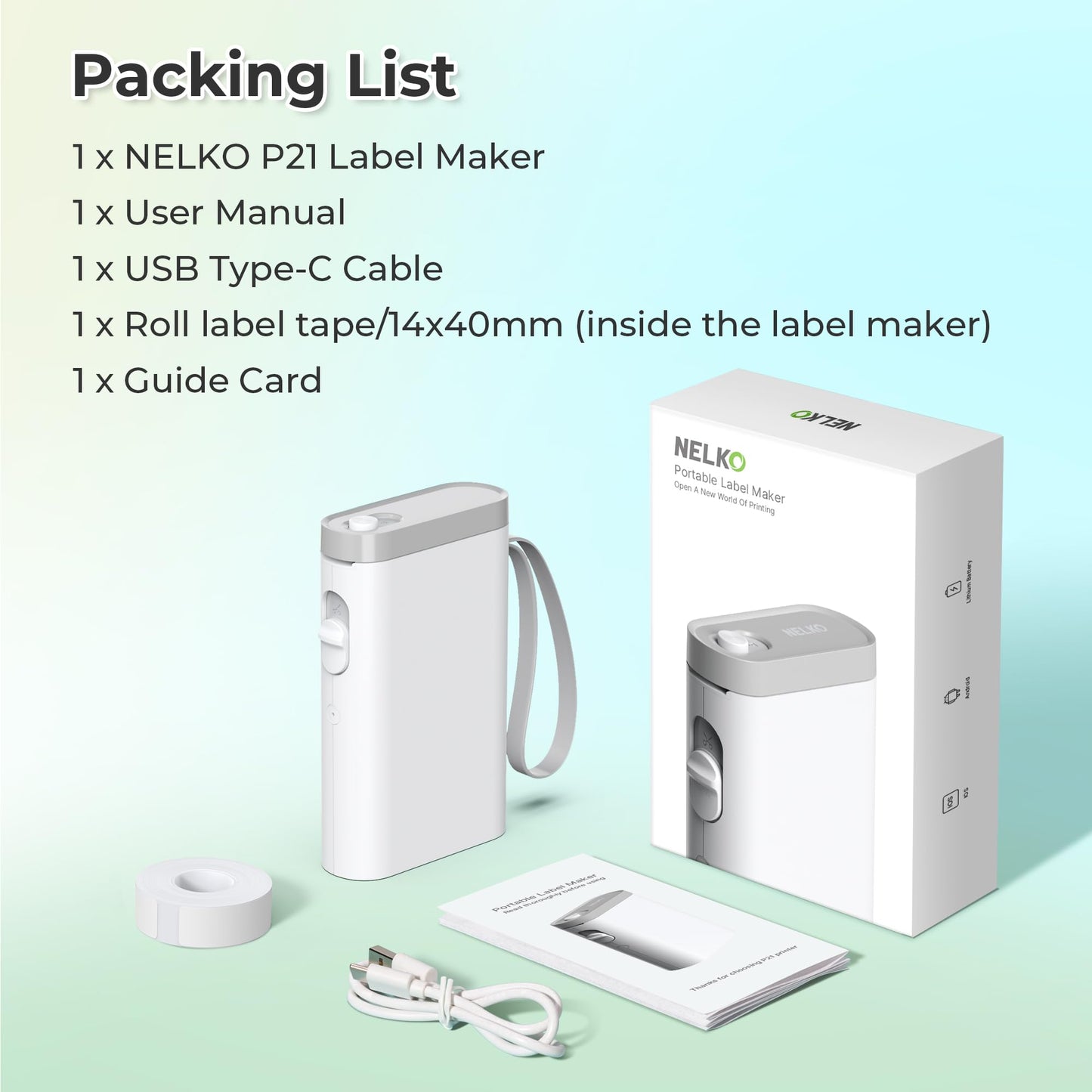 Nelko Etikettendrucker mit Band, P21 Bluetooth-Etikettendrucker, kabelloser Mini-Etikettendrucker mit mehreren Vorlagen für Schule, Büro, Zuhause, Weiß