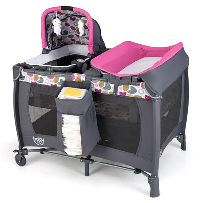 BABY JOY 5 in 1 Pink Pack and Play, Portable Baby Playard with Bassinet & Changing Table, Infant Pink Girl Bassinet Center w/Hangings & Music & Oxford Bag for Baby Toddlers (Rose, Dot Circle)
