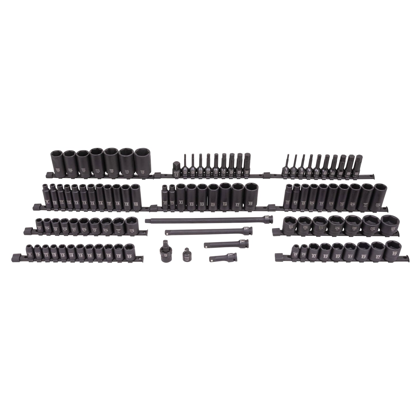 SUNEX Tools 80 Piece 3/8 in. Drive Master Impact Socket Set, Universal, Star, External Star, Extensions, Universal Joint, SAE and Metric, 8mm to 19mm and 5/16 in. to 3/4 in., CR-MO Steel, Model 3580