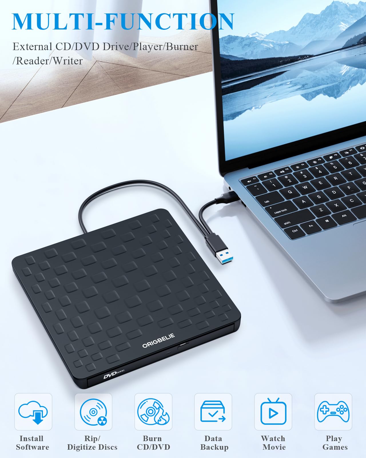 ORIGBELIE externes DVD-Laufwerk, CD-Laufwerk USB 3.0 Typ-C CD/DVD ROM +/-RW Adapter mit USB-Anschluss DVD-Brenner für Laptop, PC, Desktop-Computer, optisches Laufwerk CD-Player kompatibel mit Mac Windows Linux