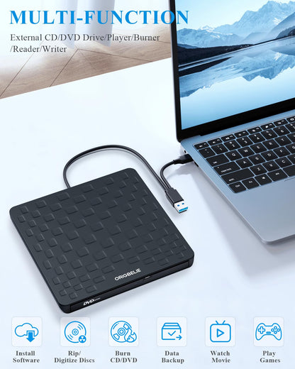 ORIGBELIE externes DVD-Laufwerk, CD-Laufwerk USB 3.0 Typ-C CD/DVD ROM +/-RW Adapter mit USB-Anschluss DVD-Brenner für Laptop, PC, Desktop-Computer, optisches Laufwerk CD-Player kompatibel mit Mac Windows Linux