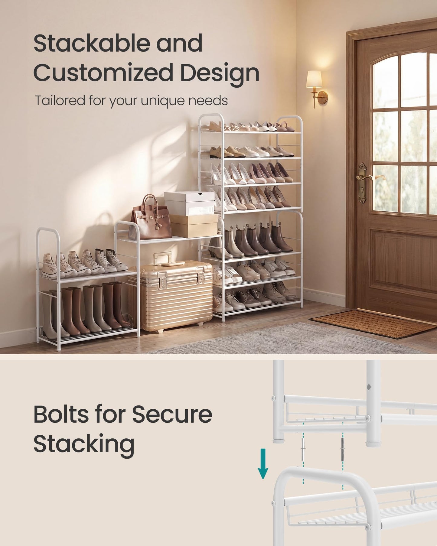 SONGMICS Stackable Shoe Rack, 4 Tier Metal Shoes Rack Storage Shelf, Holds up to 16 Pairs Shoes, Adjustable Slanted Shelves Tower Organizer for Closet Entryway Small Spaces, Bronze
