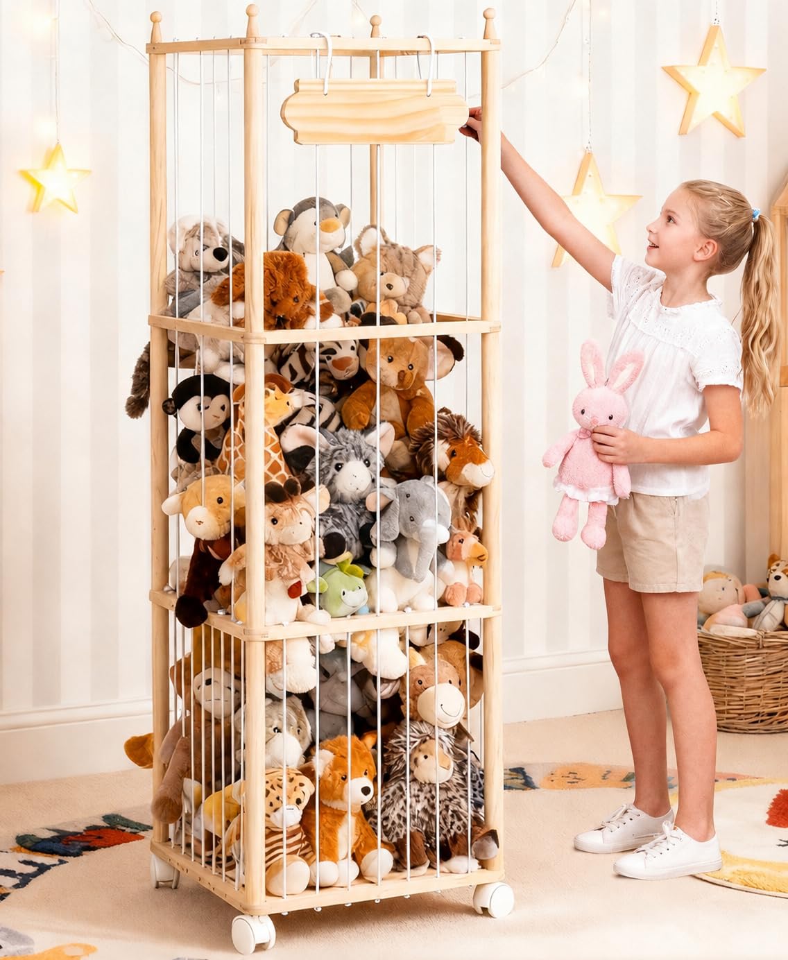 TANONE Stuffed Animal Storage - Wooden Large Organizer Holder for Playroom - Plush Zoo Animals Holder with Elastic Cords & Brake Wheel for Toddler Bedroom Toy Stuff Organization