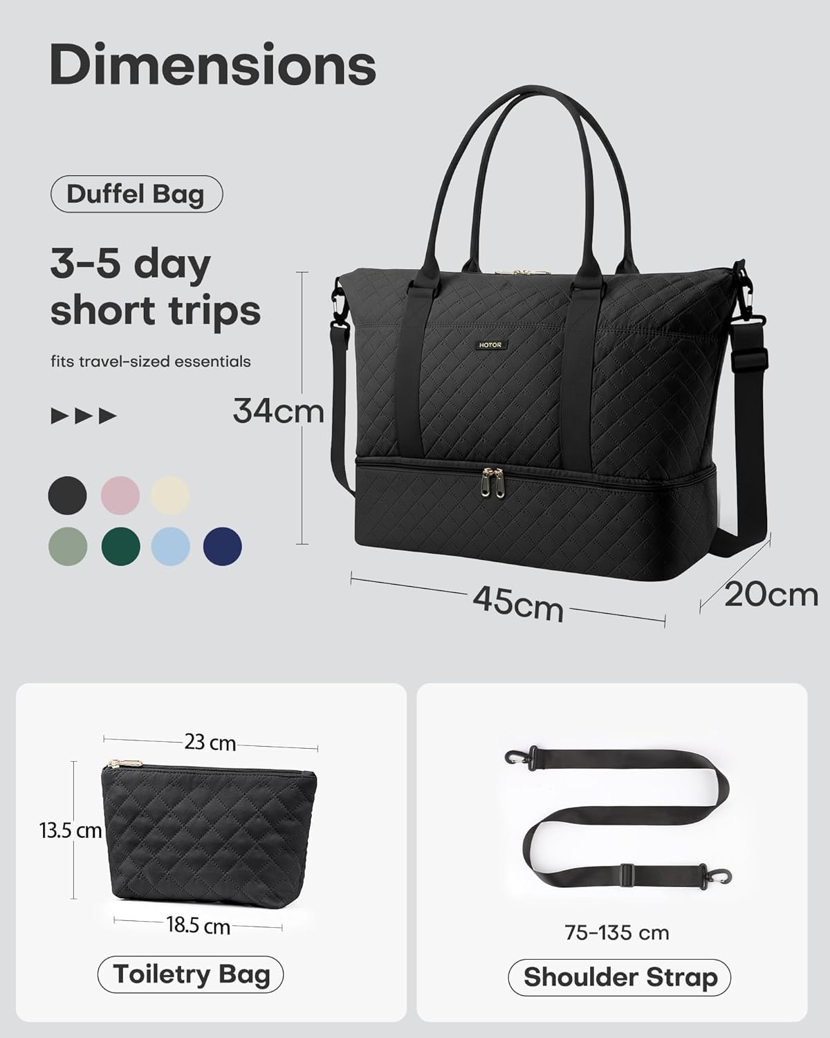 HOTOR Reisetasche - Große Weekender-Tasche für Frauen, Handgepäck mit Schuhfach, Übernachtungstasche mit Kulturtasche für Reiseutensilien und Reisezubehör, Schwarz, 34,0 x 45,0 x 20,0 cm