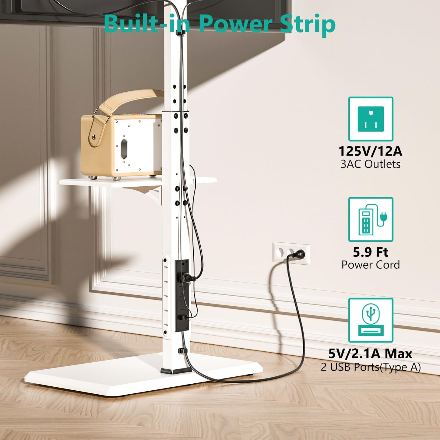 WALI Rolling TV Stand with Power Outlet & AV Shelf, Mobile Tall TV Stand Mount on Wheels for 34-75 inch TV up to 110 lbs, Swivel Height Adjustable TV Cart with Wood Base for Bedroom(TVDVD-6PRW), White