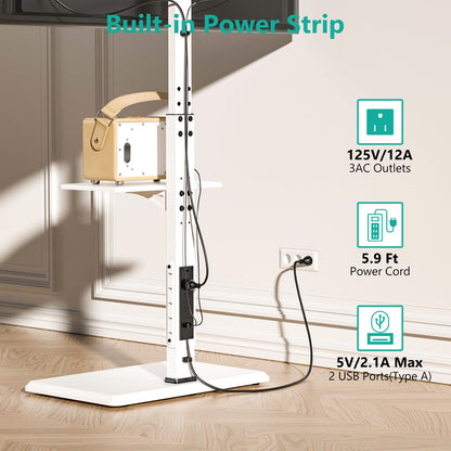 WALI Rolling TV Stand with Power Outlet & AV Shelf, Mobile Tall TV Stand Mount on Wheels for 34-75 inch TV up to 110 lbs, Swivel Height Adjustable TV Cart with Wood Base for Bedroom(TVDVD-6PRW), White