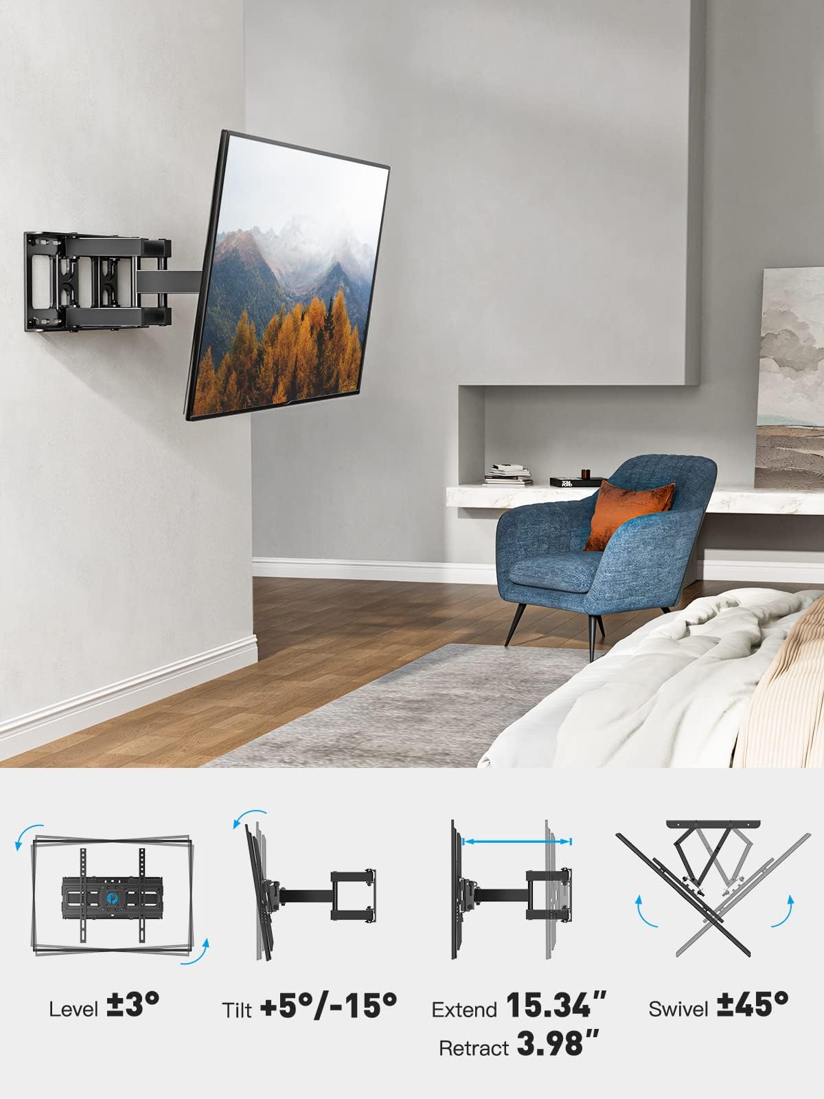 Pipishell TV Wall Mount for 26-74 inch LED LCD OLED 4K TVs up to 99lbs, Full Motion TV Mount Bracket Articulating Swivel Extension Tilting Leveling Max VESA 400x400mm, Fits 12/16 Inch Wood Studs