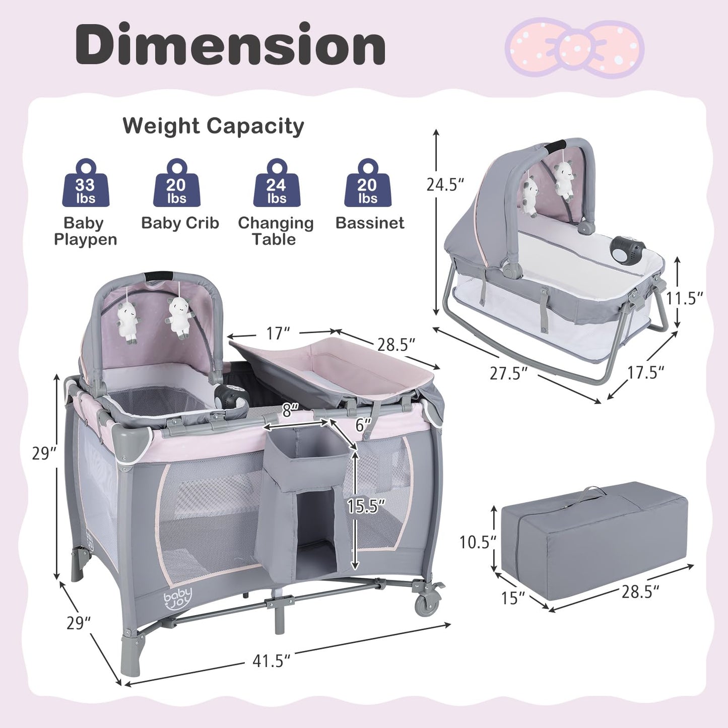 BABY JOY 5 in 1 Pink Pack and Play, Portable Baby Playard with Bassinet & Changing Table, Infant Pink Girl Bassinet Center w/Hangings & Music & Oxford Bag for Baby Toddlers (Rose, Dot Circle)