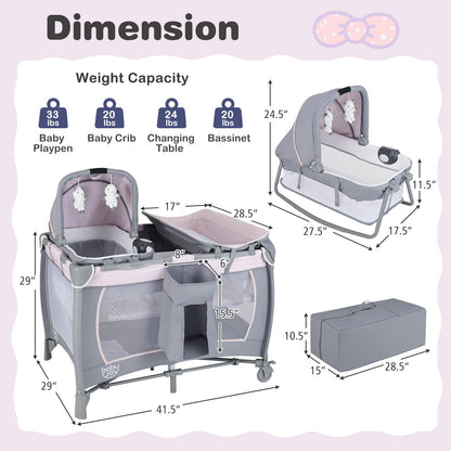 BABY JOY 5 in 1 Pink Pack and Play, Portable Baby Playard with Bassinet & Changing Table, Infant Pink Girl Bassinet Center w/Hangings & Music & Oxford Bag for Baby Toddlers (Rose, Dot Circle)