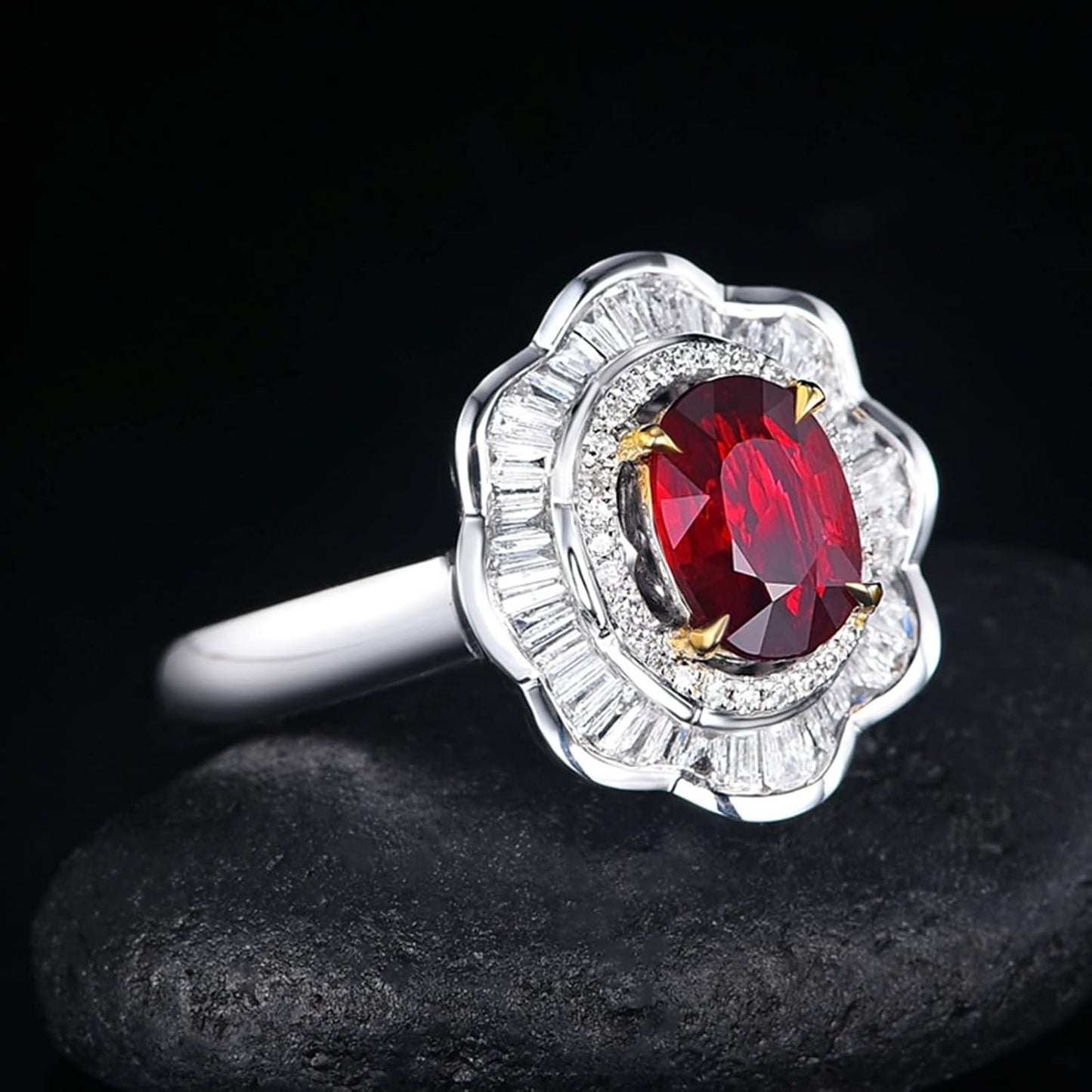 AMDXD 18K White Gold Rings for Girls, Flower Wedding Band for Women Red Ruby 0.76ct with White Diamond Womens Ring, 5.5, 18K white gold, cubic-zirconia