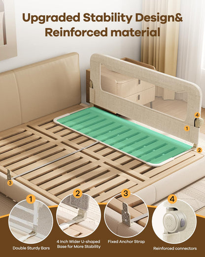 Foldable Bed Rail for Toddlers, 71in Reinforced Carbon Steel Frame&Connectors, Breathable Cationic Fabric - Safety Toddler Bed Rails for Queen, King, Twin, Full, No-Tool Setup.