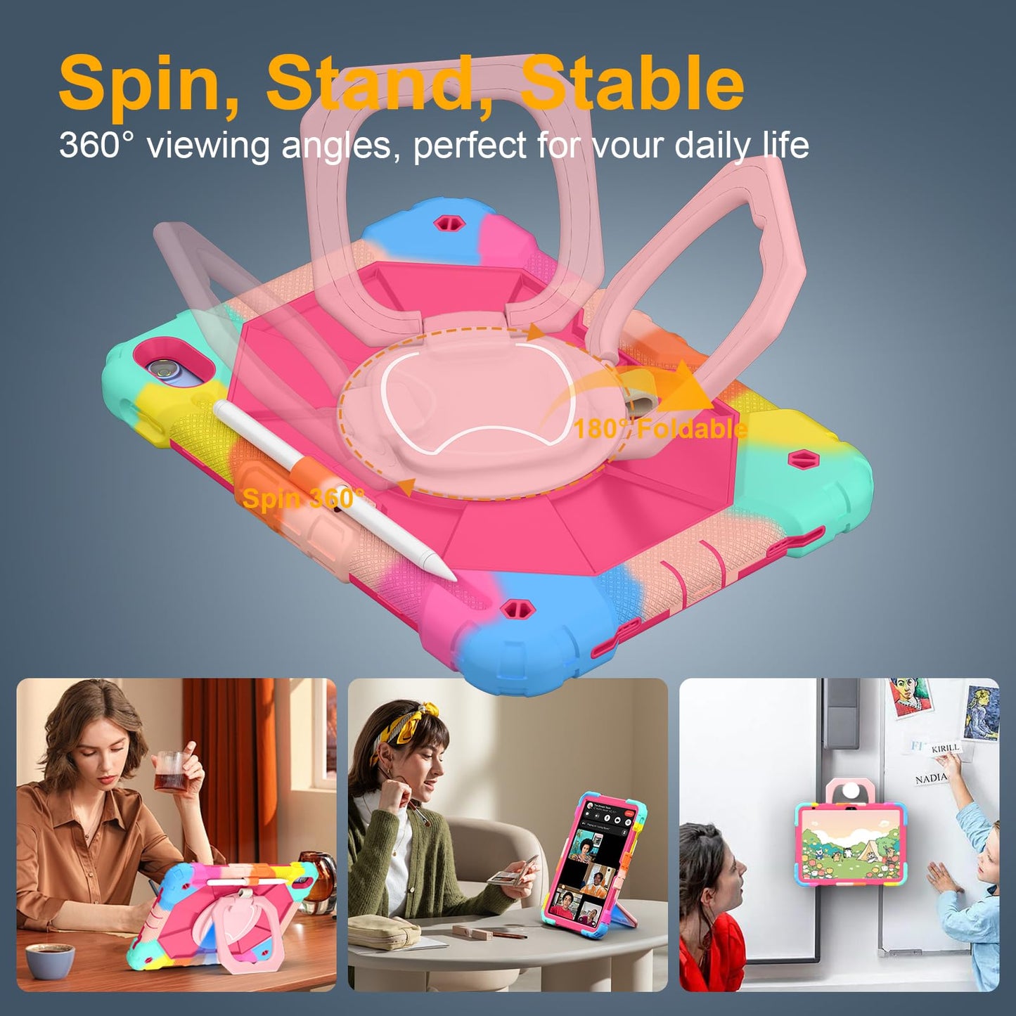 Case for iPad A16 11th Generation 11 Inch 2025, Auorld for iPad 10th Generation 10.9 inch 2022 case with Screen Protector, 360 Degree Rotating Stand Shoulder Strap Pencil Holder, Navy Pink